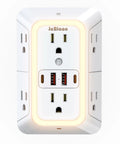 Straight Up Best Wide Spaced Wall Outlet Extender Includes Night Light Six AC Outlets Four USB Charging Ports And Functions As A Surge Protected Power Strip Doing Heavy Duty Plug Ins Daily, showing front view with various outlets and night light.