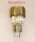 Sleek Led Wall Sconce Textured Crystal Glass Rod Shade Brushed Steel Frame Bedroom Hallway Lounge Zero Glare Glow with golden accents.