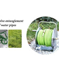 Heavy Duty Wall Mount Metal Garden Hose Reel Featuring Legit Stainless Steel Storage Rack with coiled green hose on display.