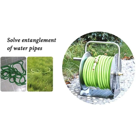 Heavy Duty Wall Mount Metal Garden Hose Reel Featuring Legit Stainless Steel Storage Rack with coiled green hose on display.