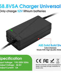 Premium Rock Solid 58.8 Volt 5 Amp Lithium Battery Charger with Hella Fast Quick Charge Circuit and Universal Six Pin Adapter for 52V Golf Cars Trucks Lawn Mowers And Boats, showing a robust ABS shell.
