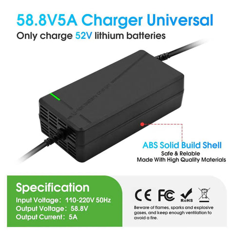 Premium Rock Solid 58.8 Volt 5 Amp Lithium Battery Charger with Hella Fast Quick Charge Circuit and Universal Six Pin Adapter for 52V Golf Cars Trucks Lawn Mowers And Boats, showing a robust ABS shell.