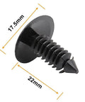 Close-up of a black nylon fastener with dimensions for 200 Pcs Black Plastic Push Clip Fasteners Set For 7mm Hole Size Universal Automotive Body Clips Fits Radiator Fender Bumper Panels Nylon Durable Trim Clip Kit Easy Install.