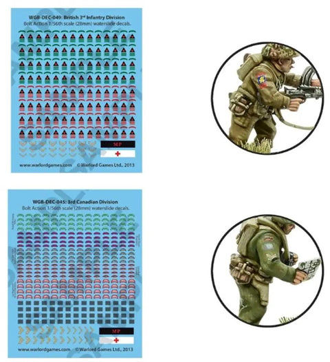 British And Canadian Army Infantry 28mm plastic miniatures with decals for Bolt Action war game 1943 to 1945, showing close-up details