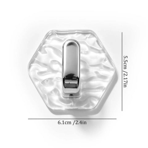 Pack Of 8 Hexagonal Water Ripple Self Adhesive Wall Hooks Silver No Drill Heavy Duty Storage Snag Your Gear Simple Peel Mount showing dimensions 6.1x5.5cm.