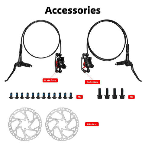 Two-piston MTB hydraulic disc brake kit by Amazon, black aluminum calipers with two 160mm rotors and mounting hardware.