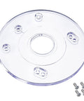 Top Tier Palm Router Subbase Base Plate Secured With Heavy Duty Screws For Bosch And DeWalt Users Featuring Ra Template Guide Support showing clear polycarbonate base with mounting holes.