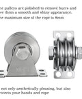 Double Groove Fixed Pulley Block With Bearing Inside Heavy Duty Stainless Steel, front and side view, for cable lifting system.