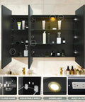 Open LED Medicine Cabinet 48 By 32 Inch With Demister, dimmable lighting, with interior shelves and USB shaver socket, mounted on wall