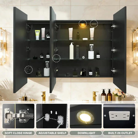 Open LED Medicine Cabinet 48 By 32 Inch With Demister, dimmable lighting, with interior shelves and USB shaver socket, mounted on wall