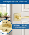 4 Pack Satin Brass Dummy Door Handle Set For Single Sided Doors, Non Turnable Pull Or Push Levers With Gold Interior Finish, Heavy Duty Interior Door Hardware For French, Closet And Pantry Doors. Satin brass dummy lever on white door, single-sided, no latch.