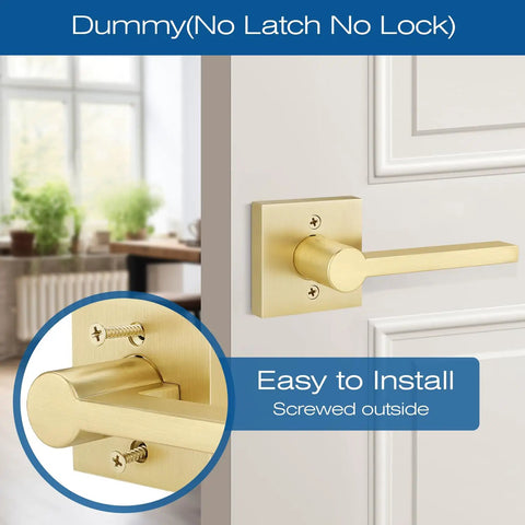 4 Pack Satin Brass Dummy Door Handle Set For Single Sided Doors, Non Turnable Pull Or Push Levers With Gold Interior Finish, Heavy Duty Interior Door Hardware For French, Closet And Pantry Doors. Satin brass dummy lever on white door, single-sided, no latch.