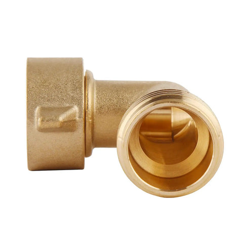 Close-up of 90 Degree Hose Elbow For RVs With Solid Brass Construction And Swivel Easy Grip Connector Delivers A No Fuss Fit For Three Quarters Inch Hose