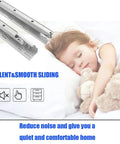 Six Pairs Of Fifteen Inch Soft Close Undermount Drawer Slides full extension concealed rails shown with child sleeping peacefully