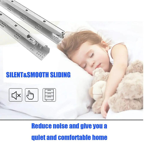 Six Pairs Of Fifteen Inch Soft Close Undermount Drawer Slides full extension concealed rails shown with child sleeping peacefully