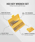 Nine-Piece Hex Key Wrench Set With Tough PVC Case For Easy Furniture Assembly And Quick Equipment Repair Jobs You Gotta Finish Fast Without The Hassle. 9-piece hex key wrench set in yellow PVC case, open and closed view
