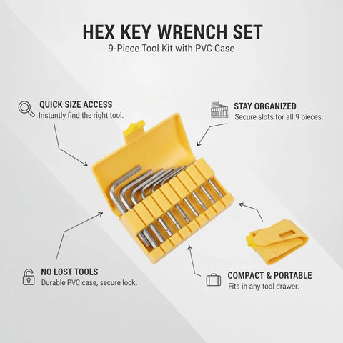 Nine-Piece Hex Key Wrench Set With Tough PVC Case For Easy Furniture Assembly And Quick Equipment Repair Jobs You Gotta Finish Fast Without The Hassle. 9-piece hex key wrench set in yellow PVC case, open and closed view