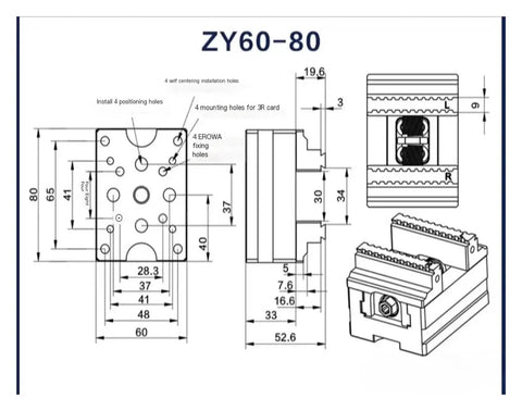Technical drawing of Heavy Duty Self Centering Cnc Vise With Killer Grip And Slick Four Turn Table Fixture dimensions and features.