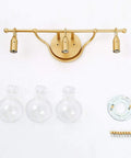 Brushed Gold Vanity Light Fixture With Three Clear Glass Globes Over Mirror, Damp Rated Bathroom Bar Light, components displayed