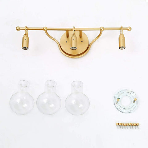 Brushed Gold Vanity Light Fixture With Three Clear Glass Globes Over Mirror, Damp Rated Bathroom Bar Light, components displayed