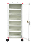 Heavy Duty 72 Slot Cell Phone Locker With Slick Rolling Casters For Classroom And Office Organization featuring white aluminum cabinet and key lock.