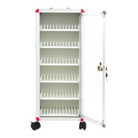Heavy Duty 72 Slot Cell Phone Locker With Slick Rolling Casters For Classroom And Office Organization featuring white aluminum cabinet and key lock.