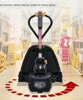 Heavy Duty Electric Pallet Jack Truck With 3300 Lbs Lift Capacity And Long Lasting Lithium Battery, showing rear view in warehouse.