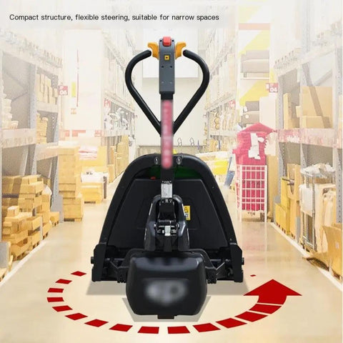 Heavy Duty Electric Pallet Jack Truck With 3300 Lbs Lift Capacity And Long Lasting Lithium Battery, showing rear view in warehouse.