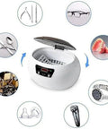 Heavy Duty Ultrasonic Cleaner Bath With Smart Timer For Sparkling Jewelry Glasses And Dental Tools, compact machine with accessories.