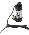 Top Shelf Stainless Steel Submersible Sump Pump With Three Hundred Watt Motor And Four Cubic Meter Flow complete with black housing and wiring.