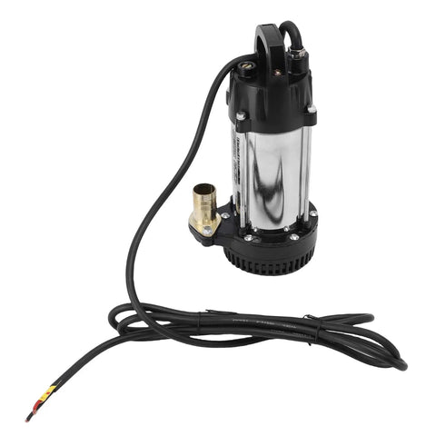Top Shelf Stainless Steel Submersible Sump Pump With Three Hundred Watt Motor And Four Cubic Meter Flow complete with black housing and wiring.