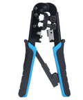 Ratcheting Crimping Tool Kit For Cat5 Ethernet With 8P And 6P Heads Easy Shear Blade Blue Black Finish Secure Cable Connections Pro Grade Pass Through