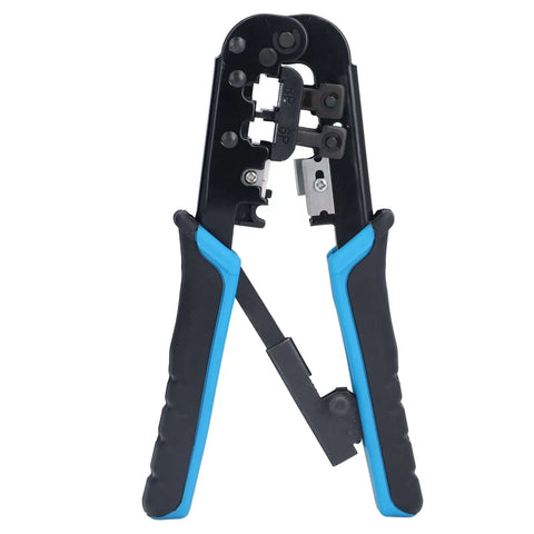 Ratcheting Crimping Tool Kit For Cat5 Ethernet With 8P And 6P Heads Easy Shear Blade Blue Black Finish Secure Cable Connections Pro Grade Pass Through
