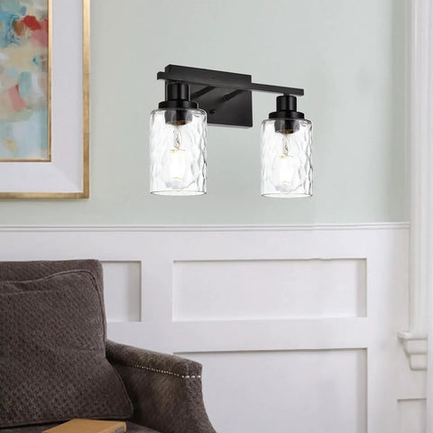 Two Light Matte Black Wall Sconce With Clear Hammered Glass for Modern Bathroom Vanity Wall Lamp for Mirrors Cabinets or Powder Room Up or Down Mount Today