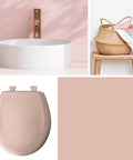 Slow Close Toilet Seat With Easy Clean Hinges Durable Plastic Round Venetian Pink Made In USA shown with modern decor.