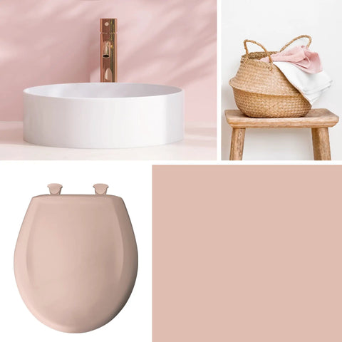 Slow Close Toilet Seat With Easy Clean Hinges Durable Plastic Round Venetian Pink Made In USA shown with modern decor.