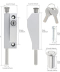 Keyed Sliding Patio Door Lock With Spring Loaded Latch And Two Keys For Enhanced Home Security On Sliding Glass Doors Patio Gates And Fences Suitable For Double Doors In Silver Finish, showing dimensions and components.