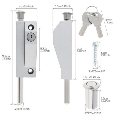 Keyed Sliding Patio Door Lock With Spring Loaded Latch And Two Keys For Enhanced Home Security On Sliding Glass Doors Patio Gates And Fences Suitable For Double Doors In Silver Finish, showing dimensions and components.