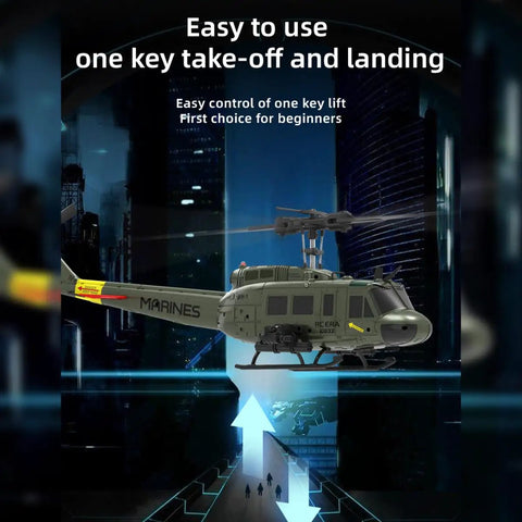 Dope UH 1 Huey RC Helicopter 1/48 Scale 6CH Gyro Stabilized With Altitude Hold hovering in a cityscape backdrop.