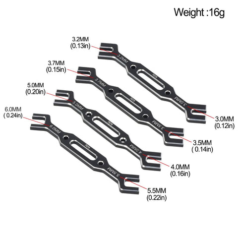 Four CNC machined wrenches for Aluminum RC Chassis Setup Tool With Ball Bearings, labeled with millimeter sizes for precision use.