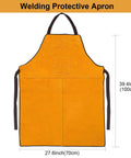 Beefed Up Heat Resistant Welding Apron for Men with thick cowhide leather and large front pocket, 27.6x39.4 inches, flame retardant.