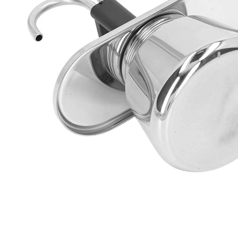 Straight Up Barista Quality 100 Ml Stainless Steel Moka Pot Espresso Maker close-up of metallic spout and handle.