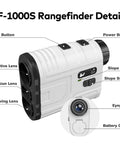 Pro Grade 1200 Yard Golf Range Finder With Slope And Flag Lock Vibration, 7X Magnification, Game Ready Lightweight Rechargeable Laser, Quick Scan, Legal Switch, Range Finder Accessory For Golf White, white laser rangefinder with labeled buttons and lenses