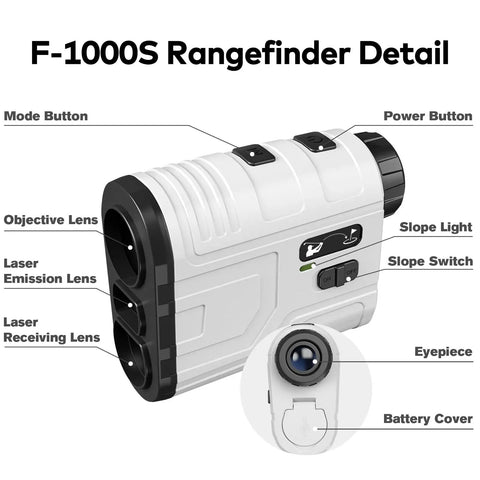 Pro Grade 1200 Yard Golf Range Finder With Slope And Flag Lock Vibration, 7X Magnification, Game Ready Lightweight Rechargeable Laser, Quick Scan, Legal Switch, Range Finder Accessory For Golf White, white laser rangefinder with labeled buttons and lenses