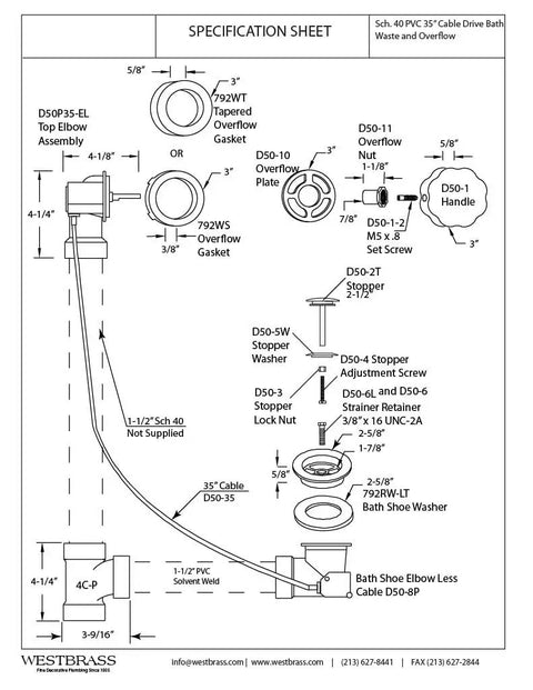 Top Shelf 35 Inch Cable Driven Bath Drain Trim Kit With Rotary Overflow Cover And Smooth Pop Up Stopper Featuring Schedule 40 PVC Construction And Slick Champagne Bronze Finish specification sheet.