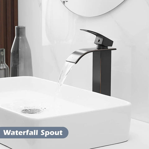 Vessel Sink Faucet Modern Waterfall In Oil Rubbed Bronze For Single Hole Install One Handle Vanity Bath Tap With Pop Up Drain No Overflow Easy Install Durable Brass Construction And Elegant Matte Finish.