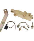 Premium Brass Disc Brake Proportioning Valve Kit With Pre Bent 1/2 And 9/16 Inch Brake Lines Mounting Bracket And Hardware arranged on white background.