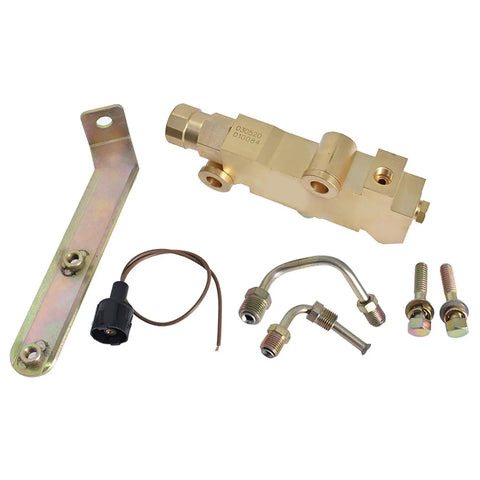 Premium Brass Disc Brake Proportioning Valve Kit With Pre Bent 1/2 And 9/16 Inch Brake Lines Mounting Bracket And Hardware arranged on white background.