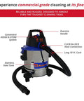 Wet-Dry Vacuum Cleaner With 6-Gallon Tank, 4.5 Peak HP Motor, Stainless and Blue Finish, showing oversize handle and hose connection.