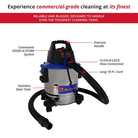 Wet-Dry Vacuum Cleaner With 6-Gallon Tank, 4.5 Peak HP Motor, Stainless and Blue Finish, showing oversize handle and hose connection.